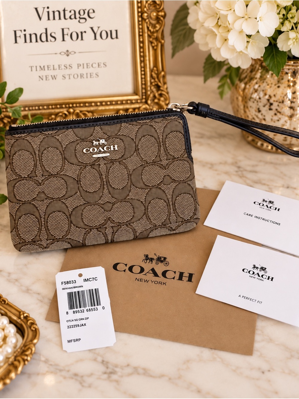 COACH Brown Signature Canvas Card Case with Black Trim and Wristlet NWT